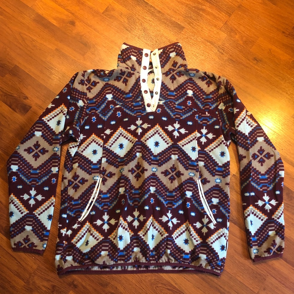 Woolrick Long sleeve Sweater. Buttons at neck. Size Large. Side pockets.